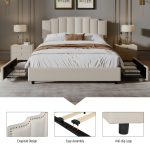 Queen Size Upholstered Platform Bed Linen Bed Frame with 2 Drawers