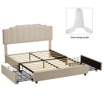 Queen Size Upholstered Platform Bed Linen Bed Frame with 2 Drawers