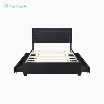 Total Durable Queen Size Upholstered Platform Bed with Rivet-decorated Headboard, LED bed frame and 4 Drawers, Black