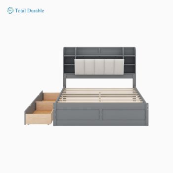 Total Durable Wood Queen Size Platform Bed with Storage Headboard, Shelves and 2 Drawers, Gray