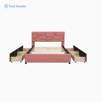 Total Durable Full Size Upholstered Platform Bed with Brick Pattern Headboard and 4 Drawers Pink color