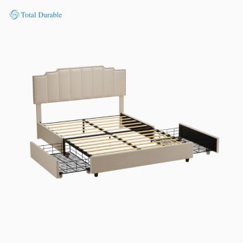 Queen Size Upholstered Platform Bed Linen Bed Frame with 2 Drawers